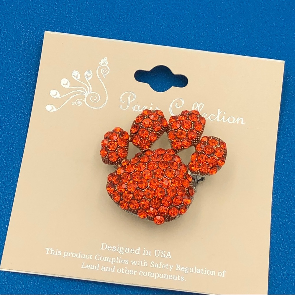 Orange Paw Print Rhinestone Pin Brooch
